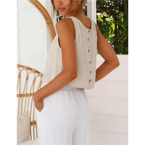 Womens Linen Crop Top Sleeveless High Neck Summer Tank Lightweight Casual - Picture 2 of 6